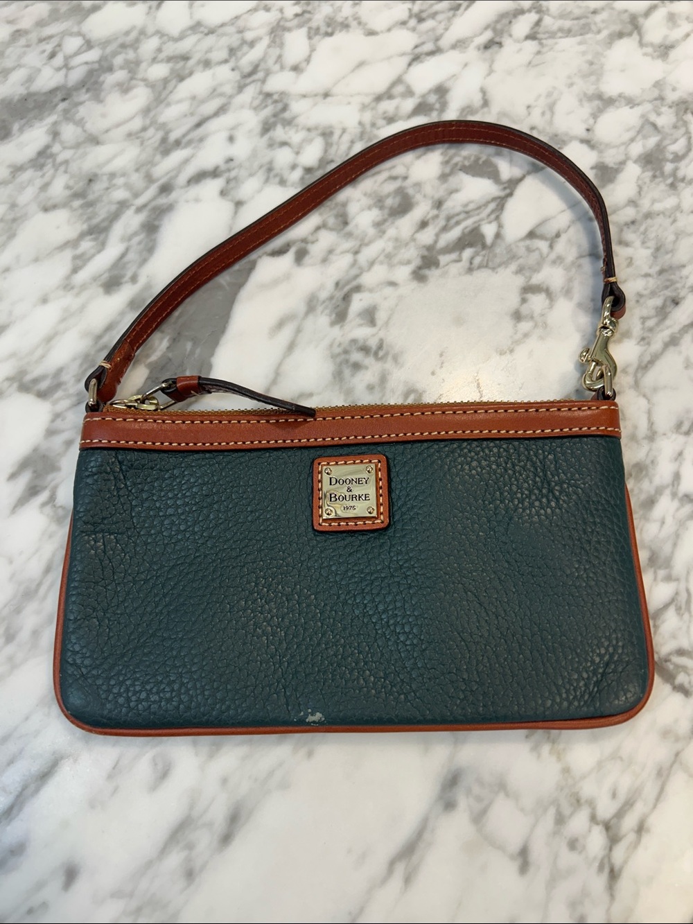 Dooney & Bourke Vintage Teal Leather Wristlet with Brown Trim
